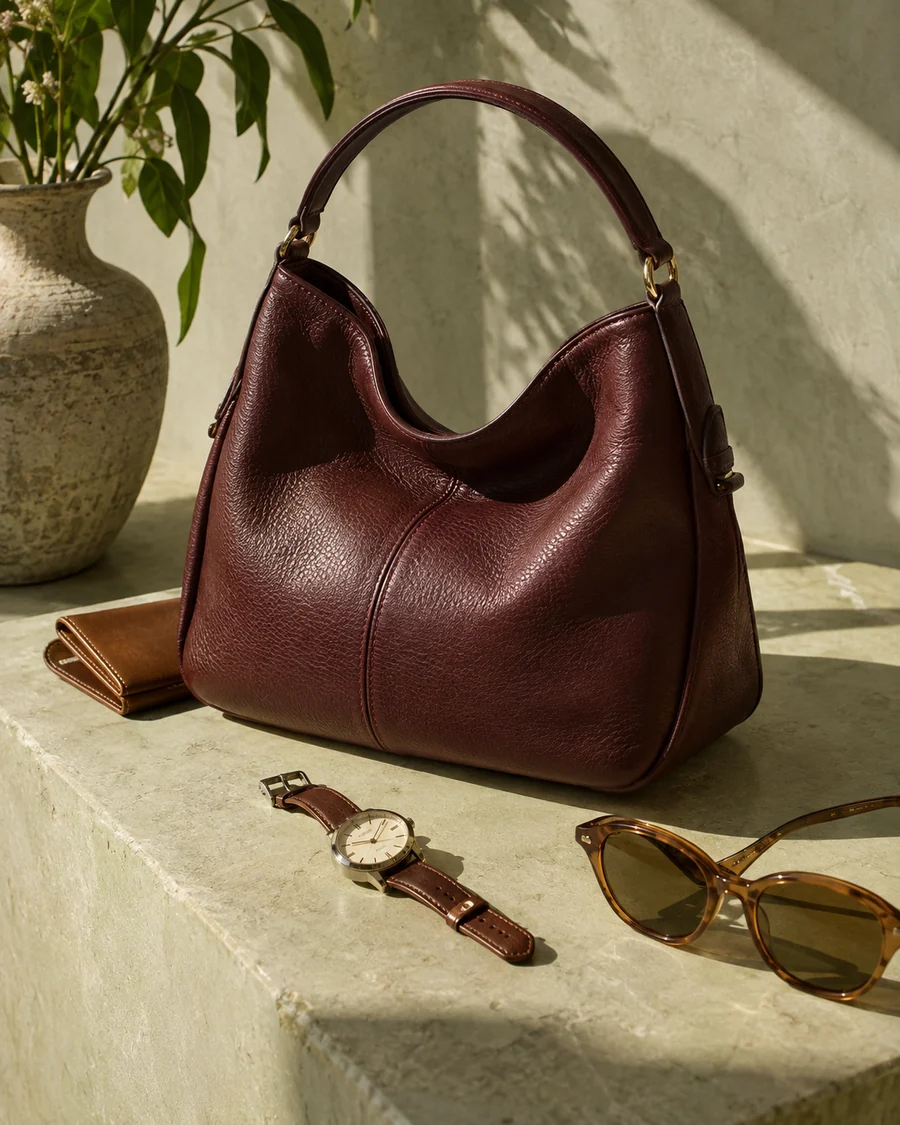 A burgundy bag, watch, wallet, and sunglasses