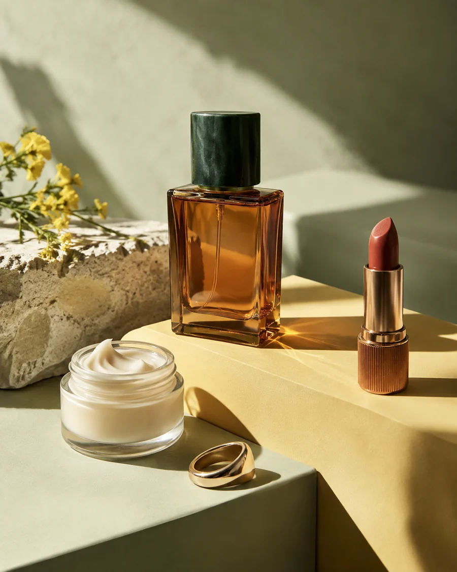 Perfume, lipstick, and face cream