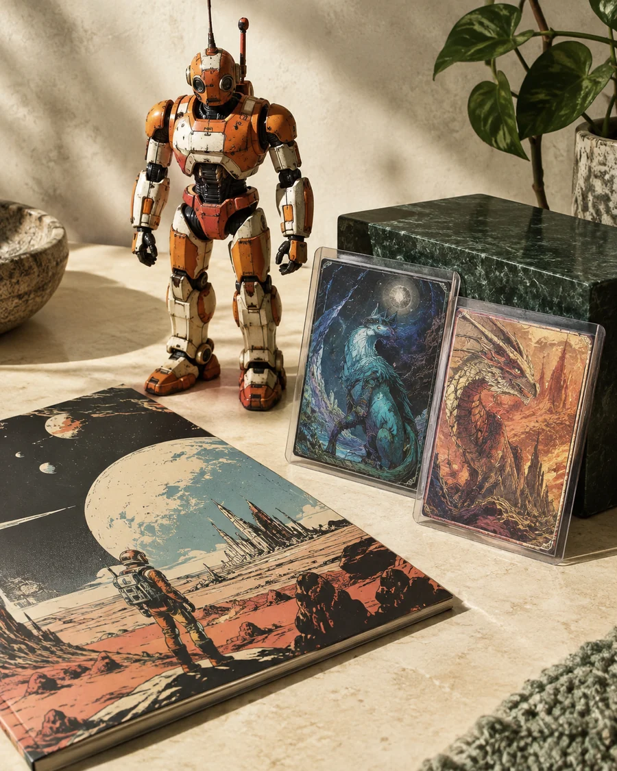 An action figure with comics and trading cards