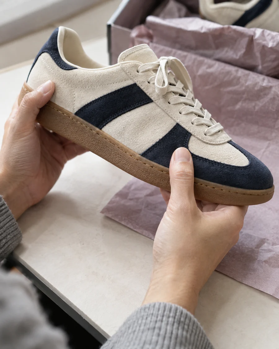 Hands examining the materials and stitching of a sneaker
