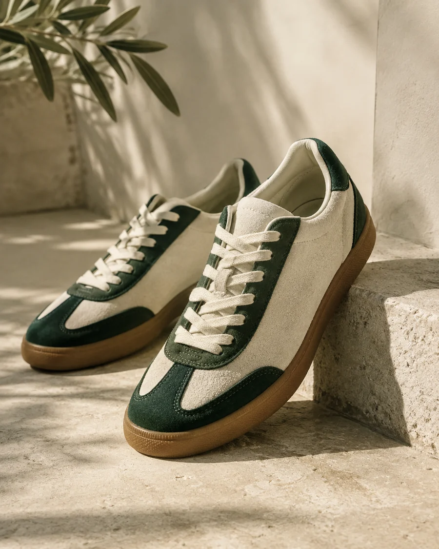 Cream and green suede sneakers